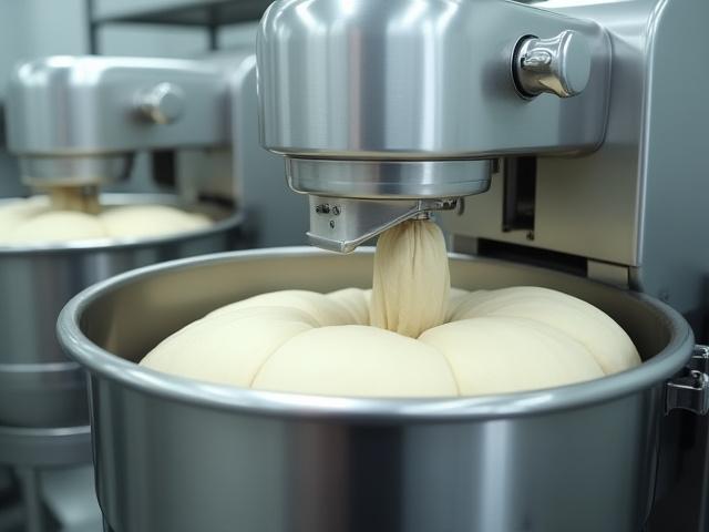 Une machine à pétrir industrielle en acier inoxydable, devant des bacs de pâte fraîchement pétrie.